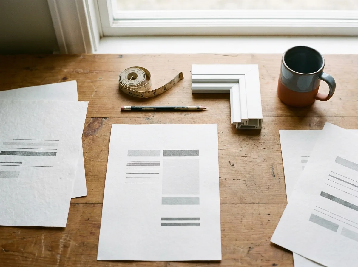 Desk with printed window quotes, a tape measure and a vinyl frame sample