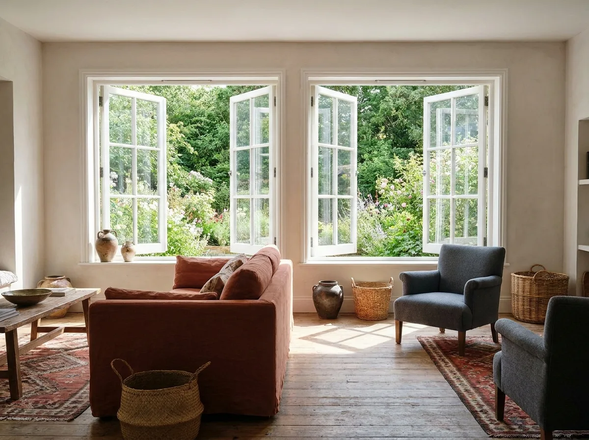 Double casement windows open outward in a bright living room with no center post