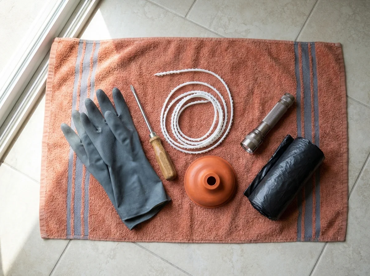 Drain unclogging tools laid out on a towel: gloves, screwdriver, plunger, flashlight and trash bag