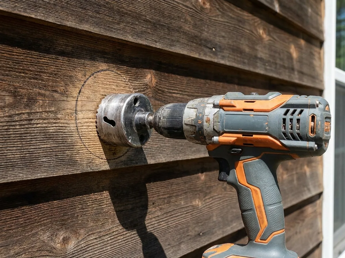 Drill with a four-inch hole saw ready to cut a dryer exhaust installation hole in wood siding