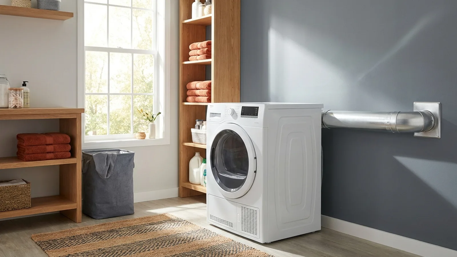 Dryer pulled from the wall with a smooth rigid metal exhaust duct leading outside in a bright laundry room