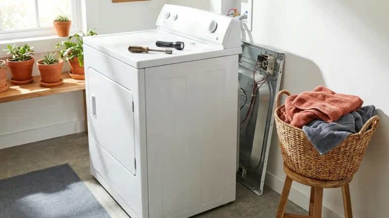 Dryer Not Spinning? Find the Cause Before You Buy a Part 3 Dryer pulled from the wall with its back panel off beside a basket of damp towels