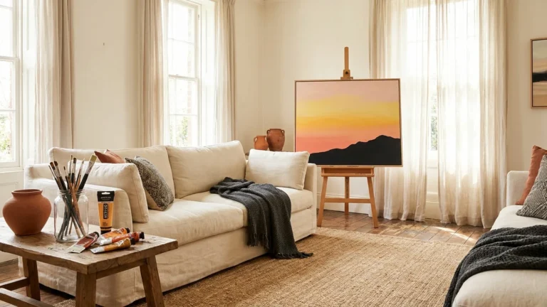 Easy painting ideas shown with a finished sunset canvas on an easel in a bright living room