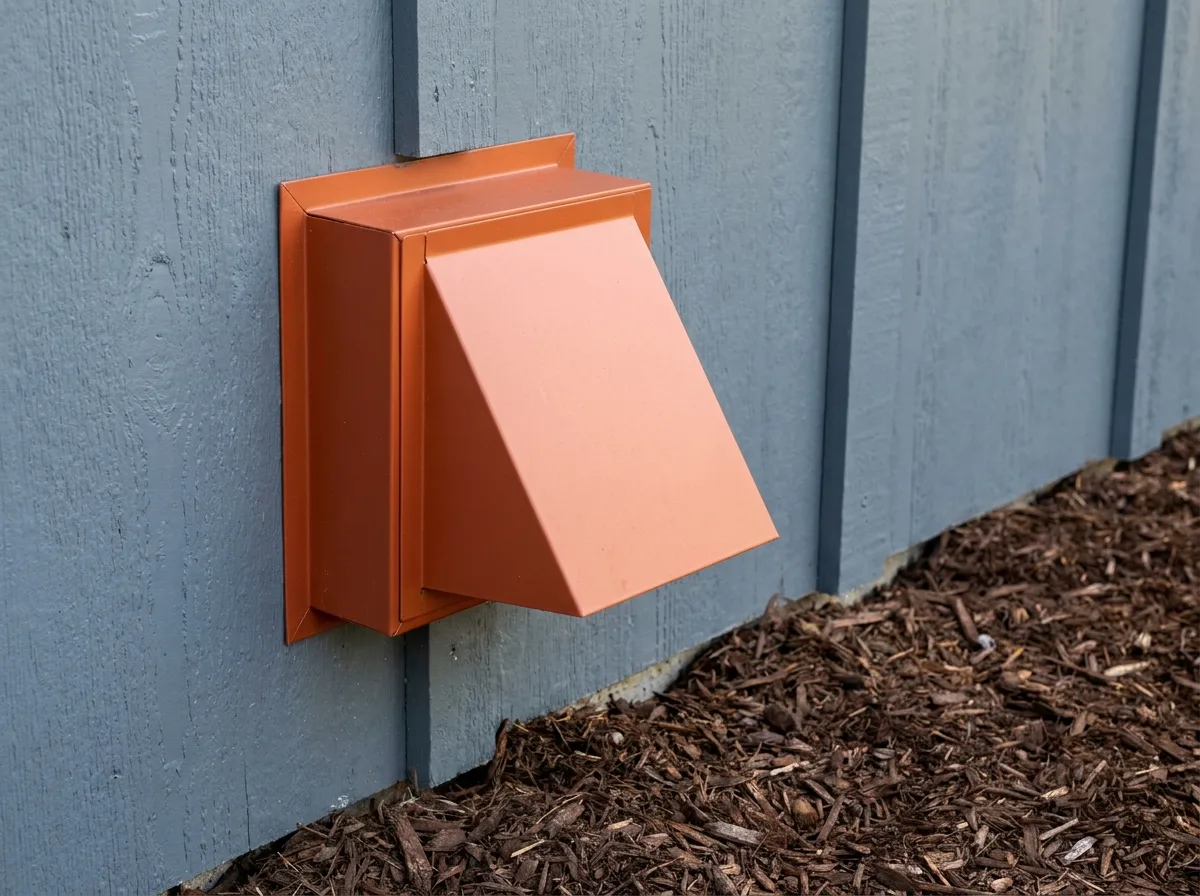 Exterior dryer vent hood mounted on siding just above the ground with mulch below