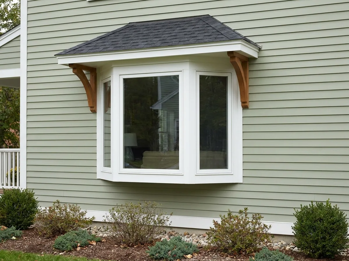 Exterior of a house with a canted bay window under a small shingle roof cap