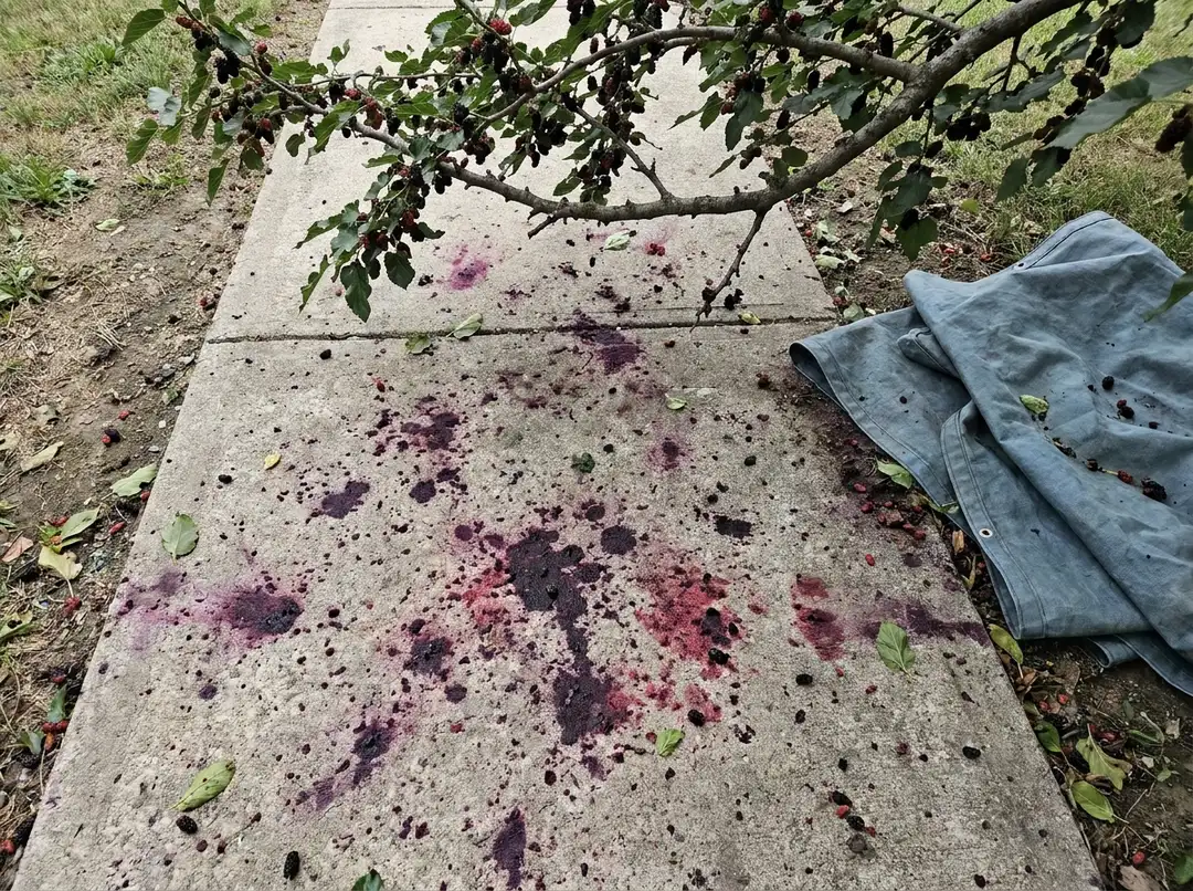 Fallen mulberries staining a concrete path next to a folded tarp