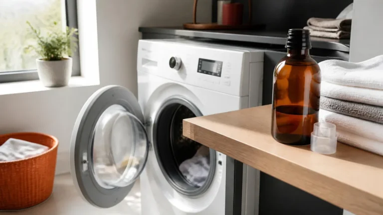 Front-load washer with open door beside folded towels and an amber bottle, a setting for choosing the best laundry detergent