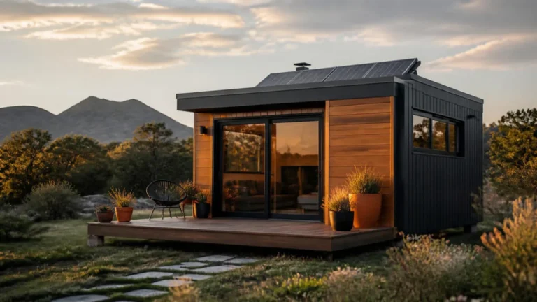 Modern tiny cabin with rooftop solar panels at golden hour