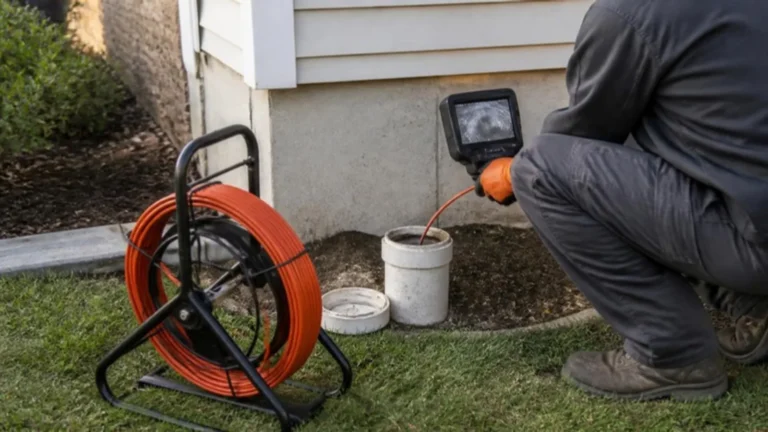 Technician with a handheld monitor beside an open cleanout during a sewer inspection in a backyard