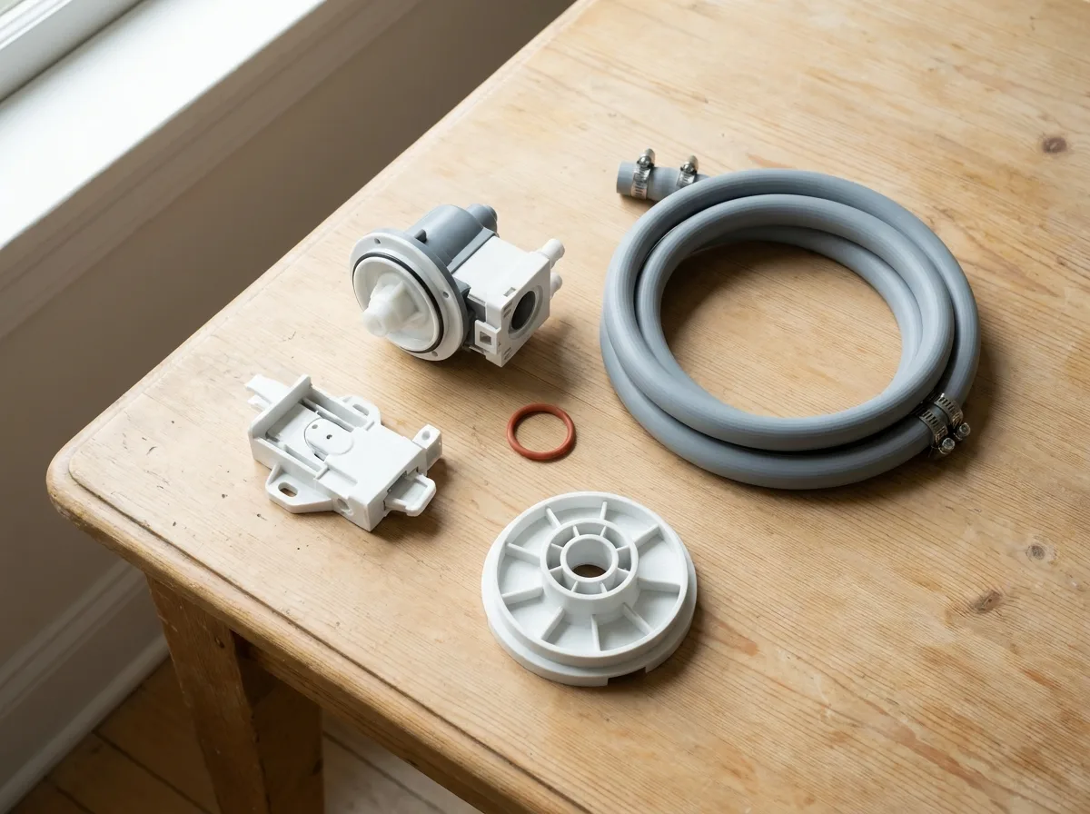 Flat lay of common whirlpool washer parts including a drain pump, fill hose and door latch