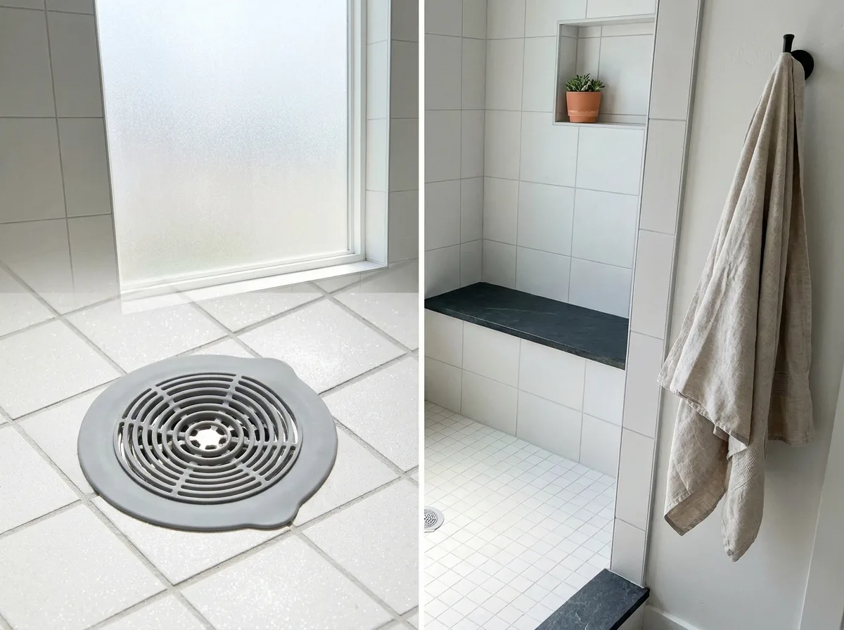 Flat silicone hair catcher sitting in a clean shower floor drain to prevent future clogs