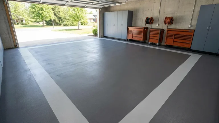 Freshly rolled charcoal concrete paint on a clean garage floor in bright daylight
