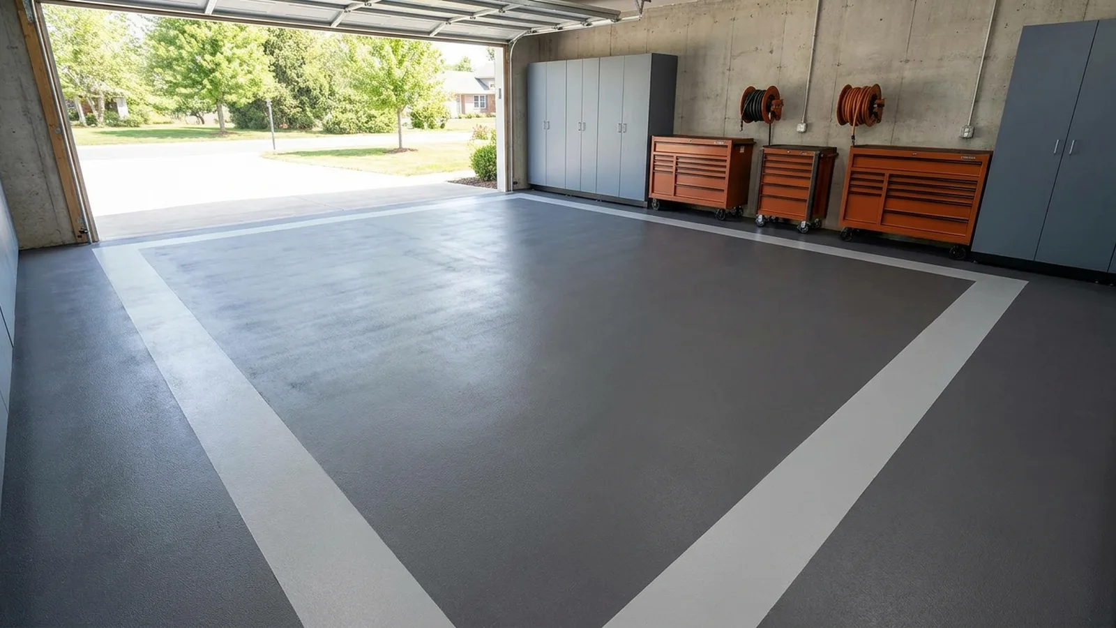 Freshly rolled charcoal concrete paint on a clean garage floor in bright daylight