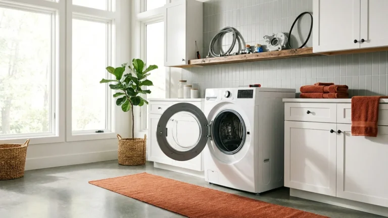 Front-load washer with the door open in a bright laundry room with replacement parts on a shelf