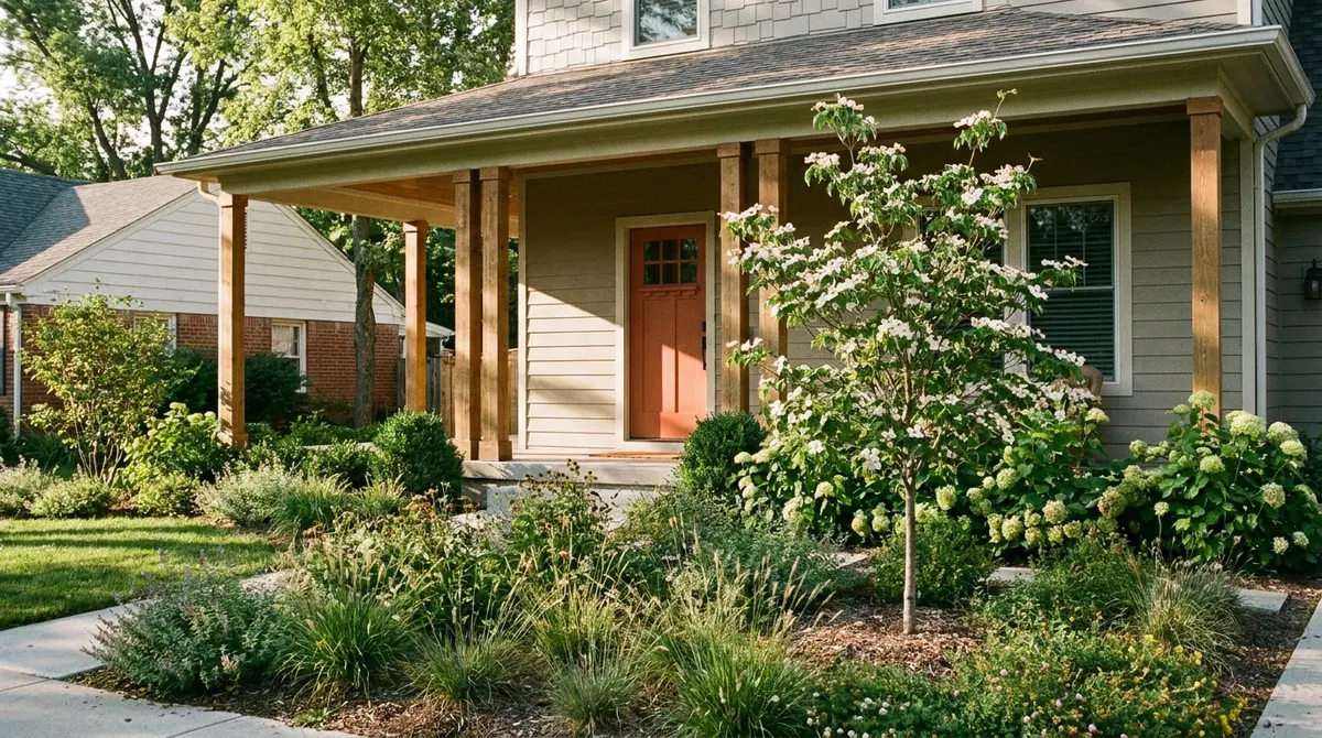 Front porch with square wood columns, a terracotta door and layered plantings in a suburban yard
