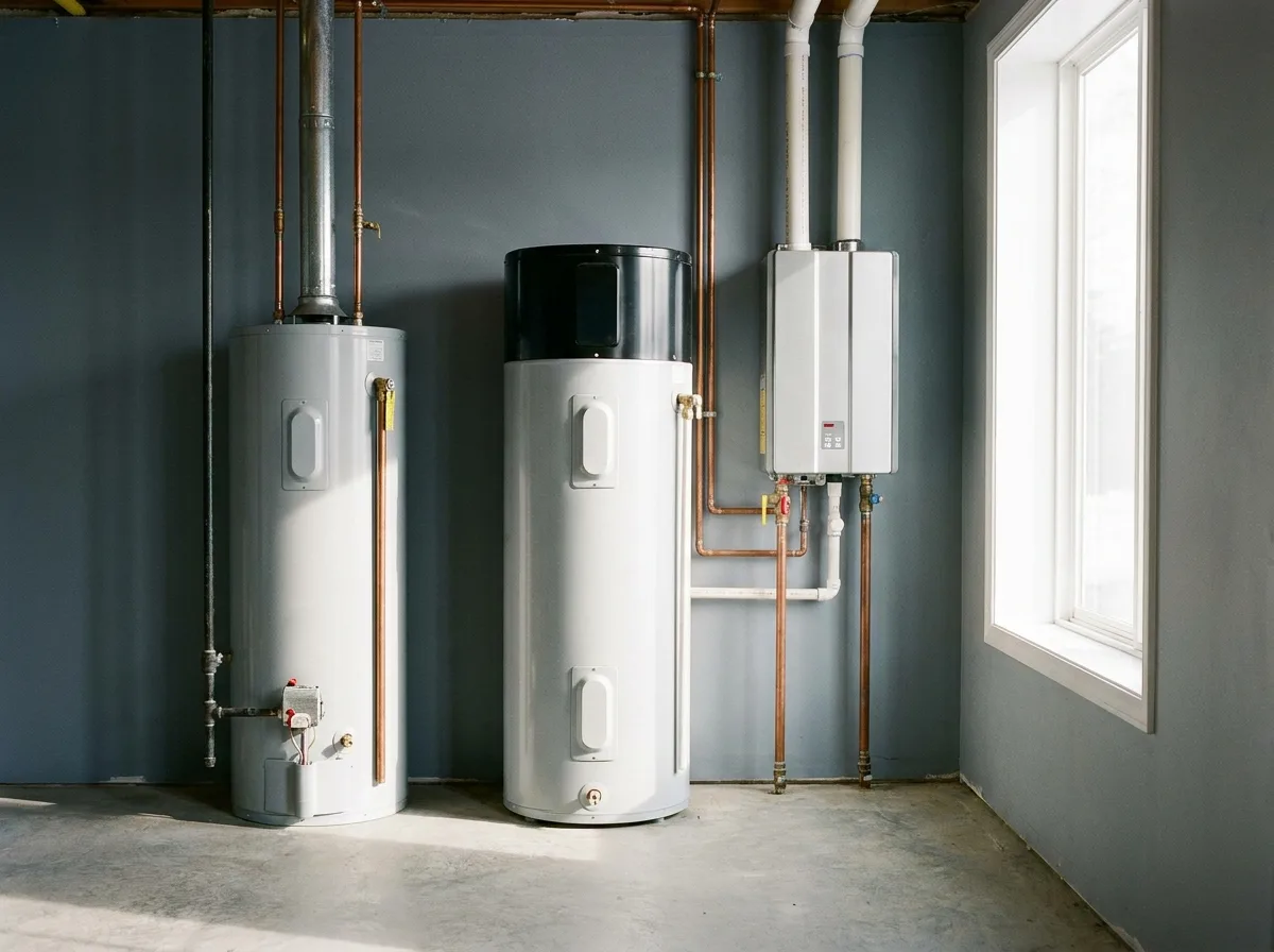 Gas tank, electric tank and tankless water heaters lined up side by side