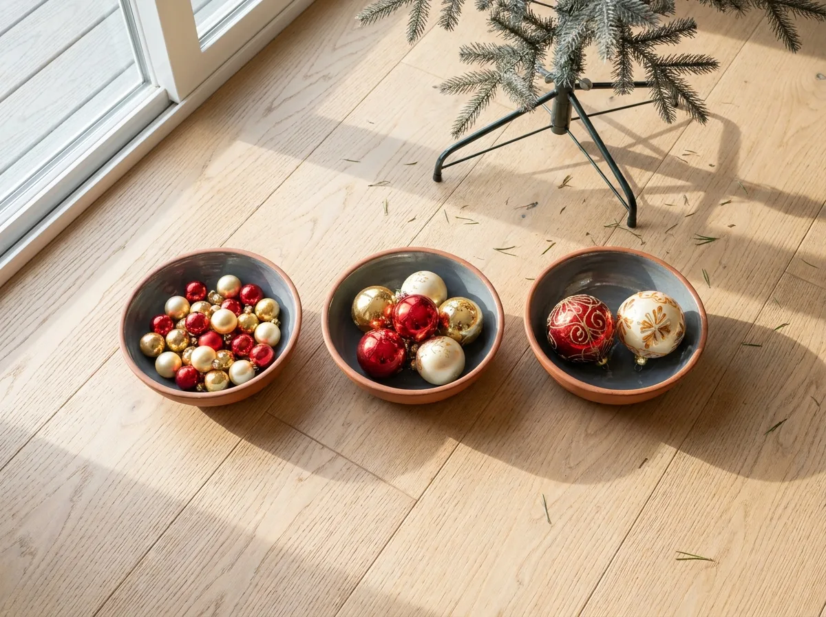 Glass ornaments sorted by size into three bowls beside a bare artificial tree