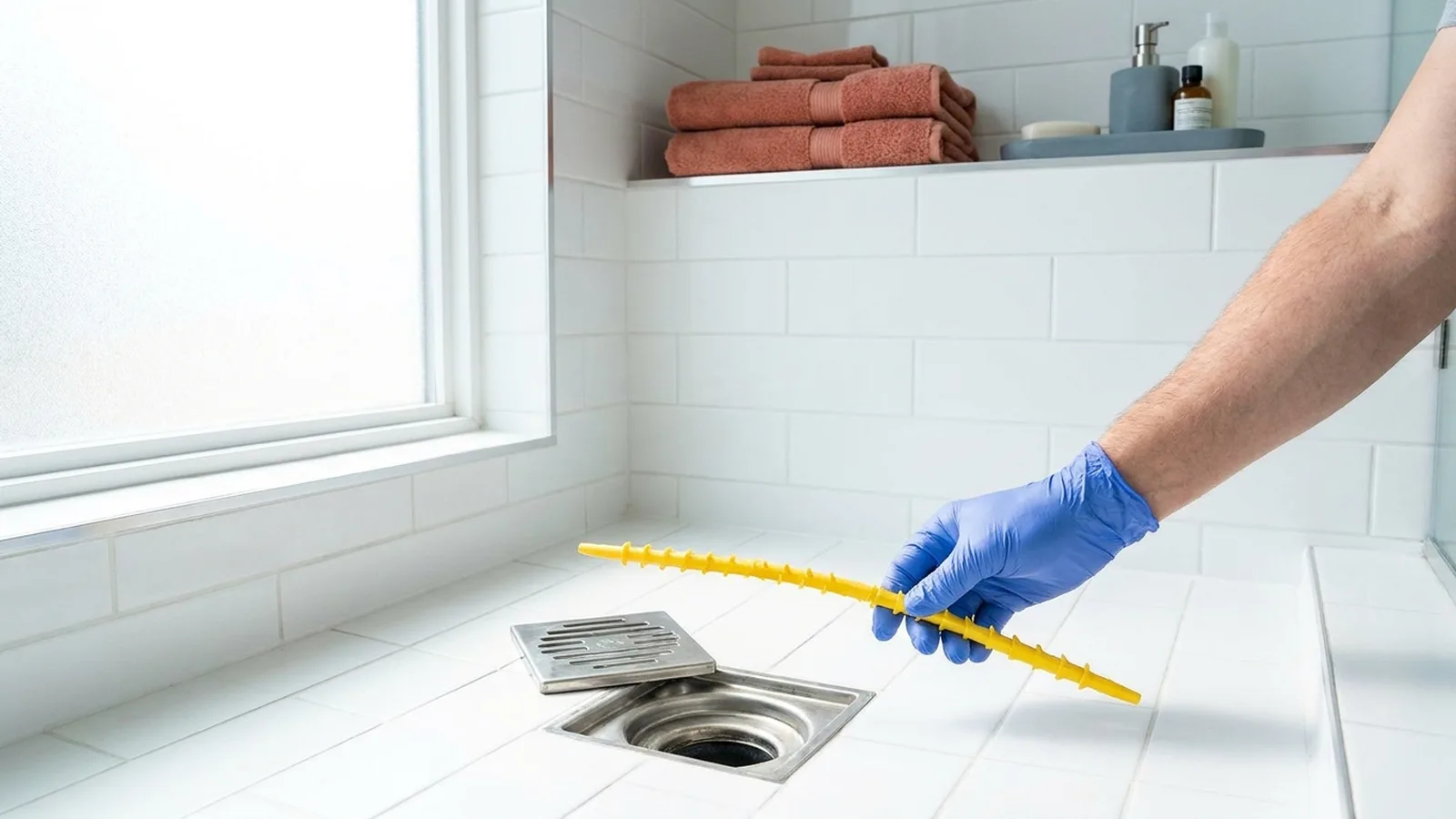 Gloved hand holding a plastic barbed drain strip over a white tiled shower drain