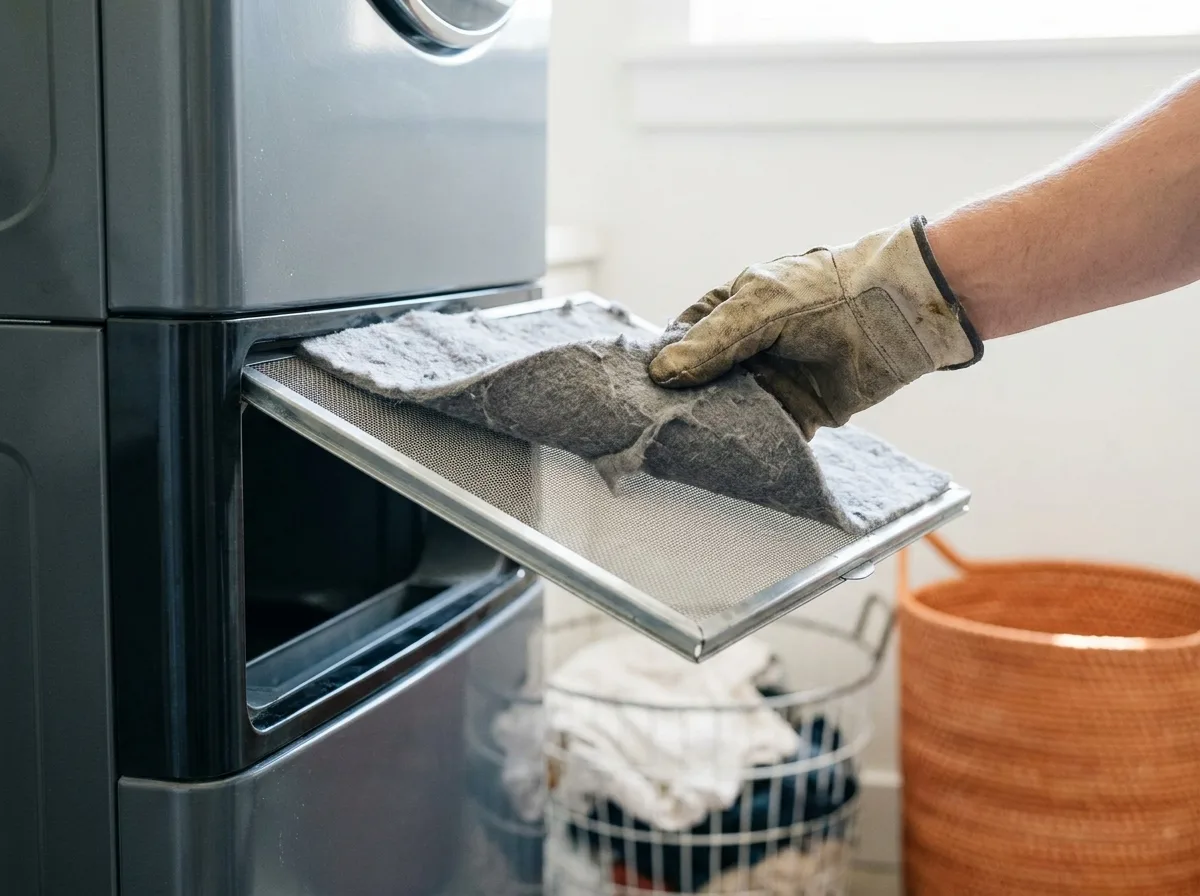 Gloved hand removing lint from a dryer lint screen to fix long dry times