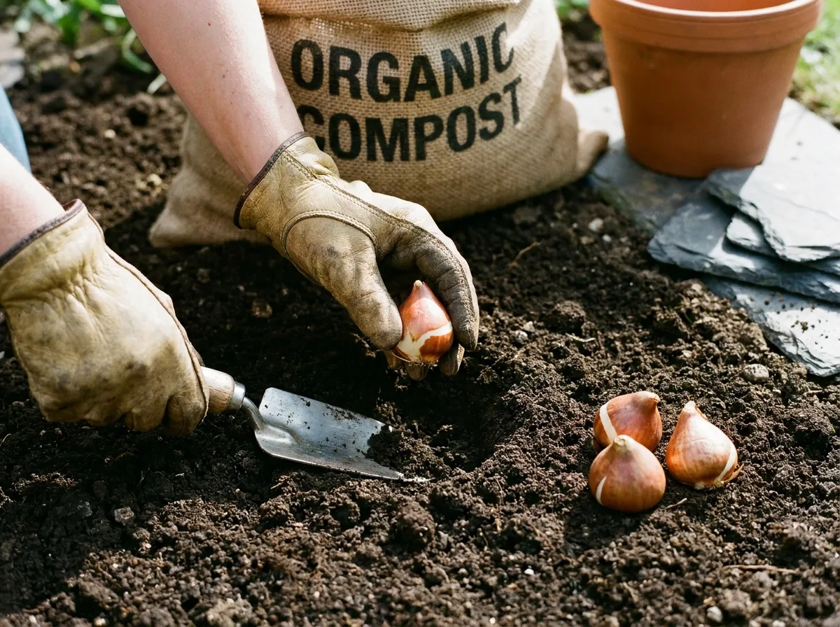 Gloved hands planting a tulip bulb pointed end up in dark garden soil