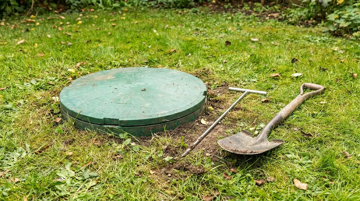 Green septic riser lid in a lawn with a probe rod and spade beside it