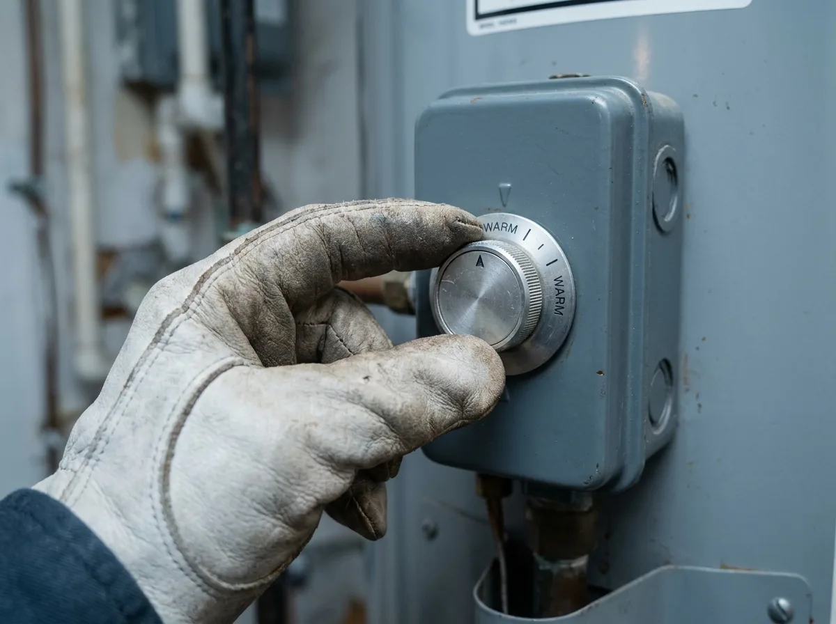 Hand adjusting the temperature dial on a water heater thermostat