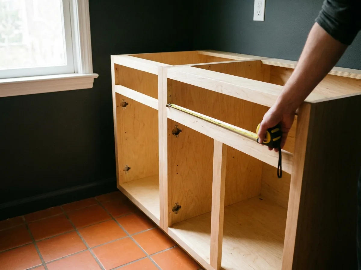 Hand measuring an open cabinet frame with a tape measure before ordering replacement doors