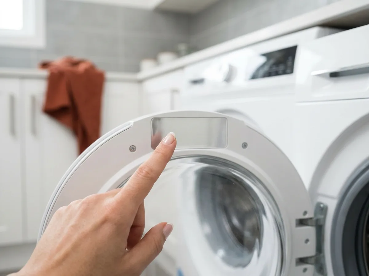 Hand pointing to the model plate on the door rim of a front-load washer