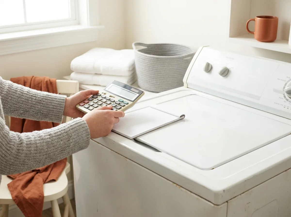 Hands using a calculator beside an older top-load washer to weigh repair against replacement