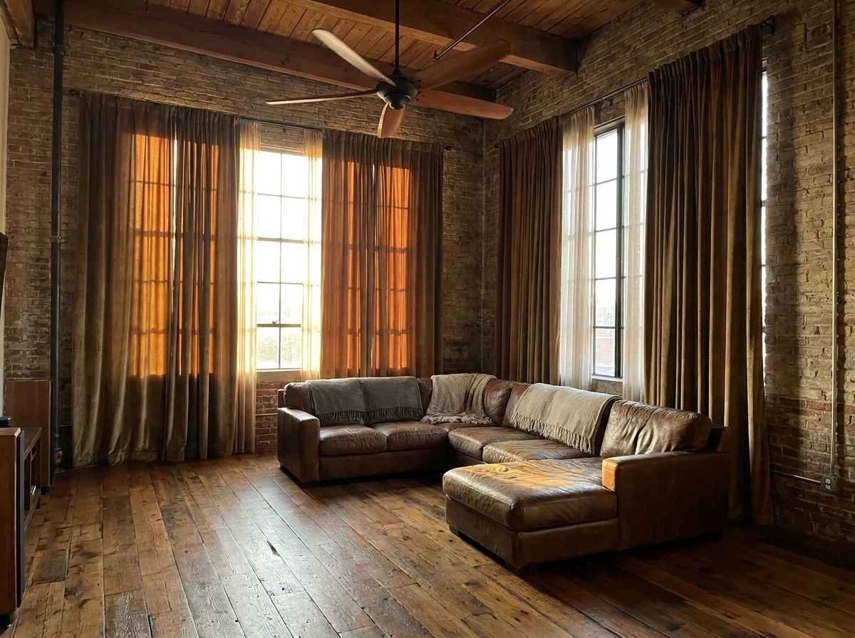 Heavy curtains and a ceiling fan help a tall loft room stay comfortable