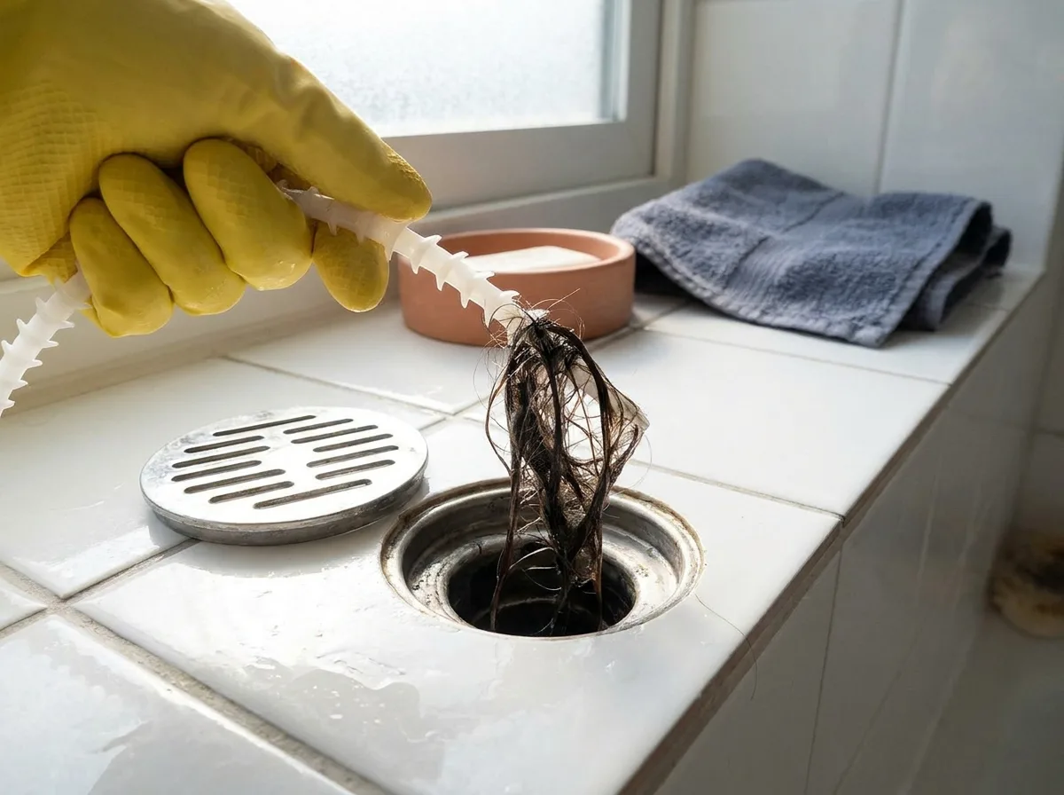 How to unclog shower drain hair jams by pulling a hair clump out with a barbed strip