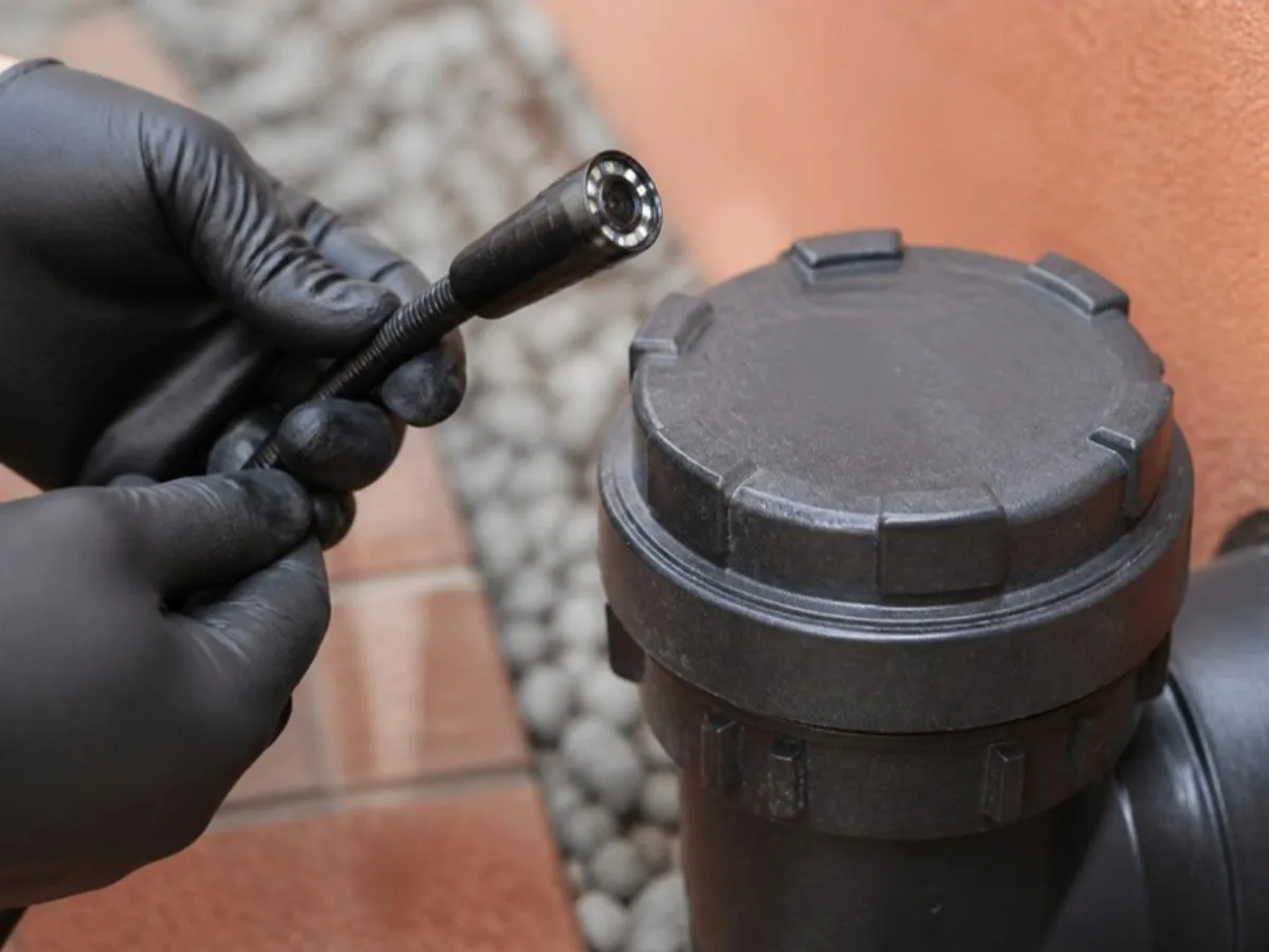 Gloved hands holding a small waterproof camera head on a flexible rod beside a cleanout fitting