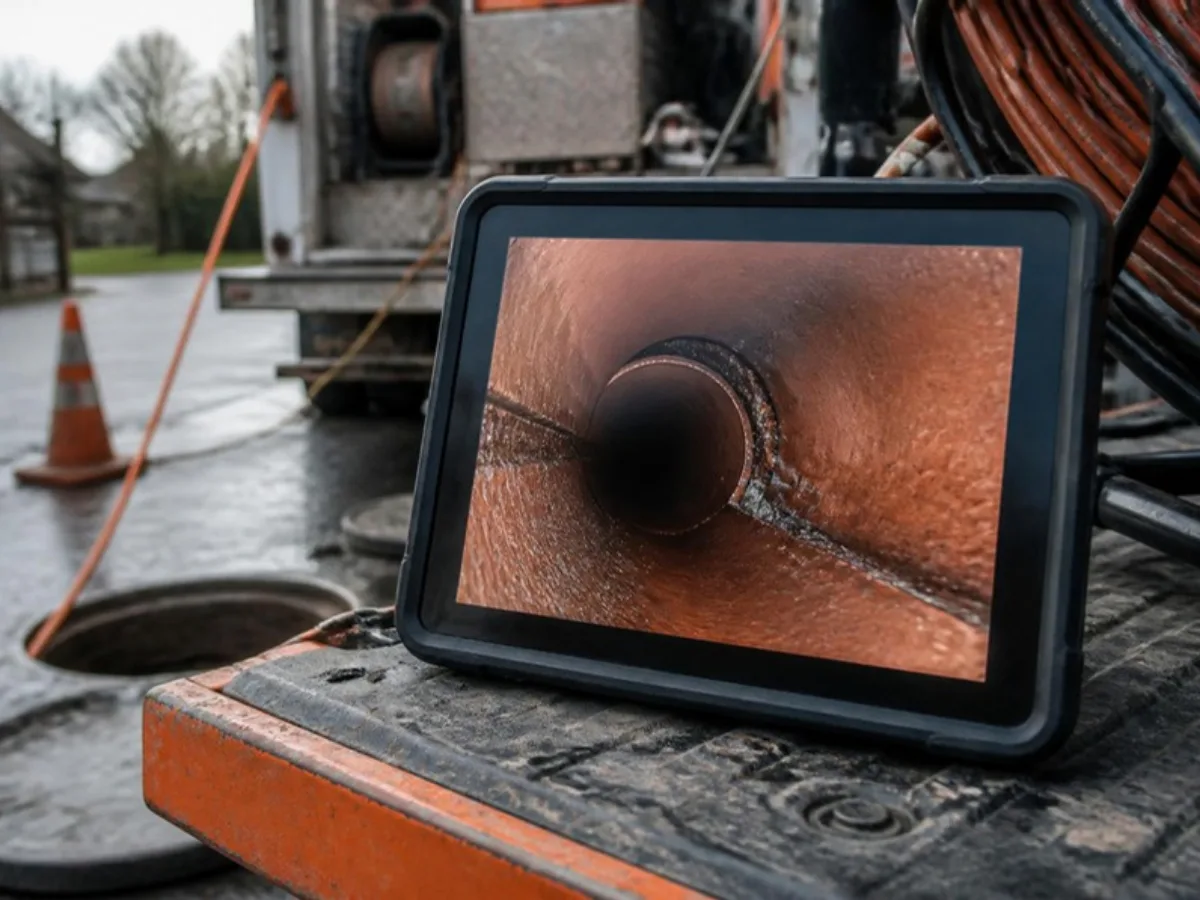 Tablet showing sewer inspection camera footage from inside an underground clay pipe at a joint