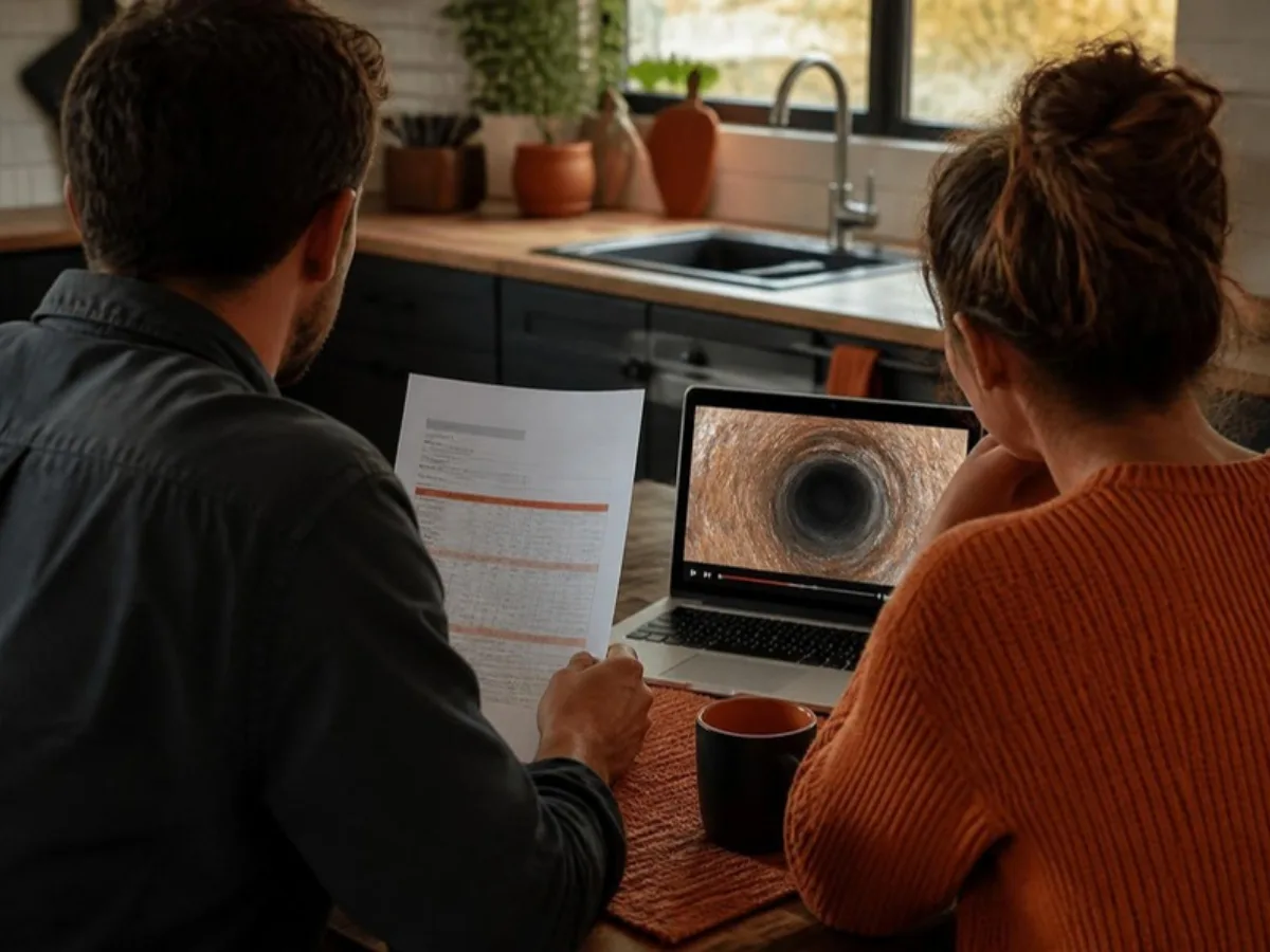 Homebuyers reviewing a printed repair estimate and a paused pipe video at a kitchen table
