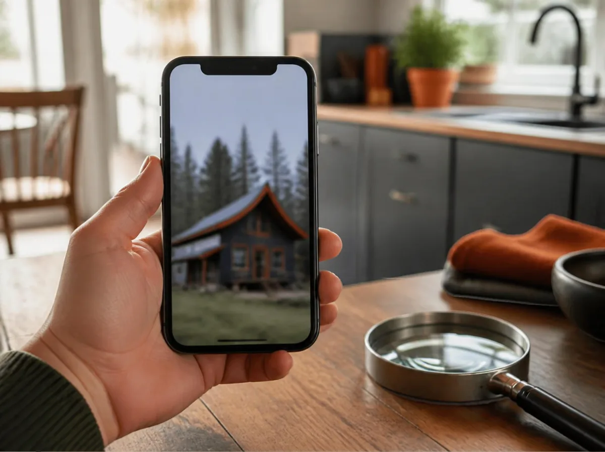 Hand holding a phone showing a distorted cabin photo from a fake Tesla tiny house ad, beside a magnifying glass