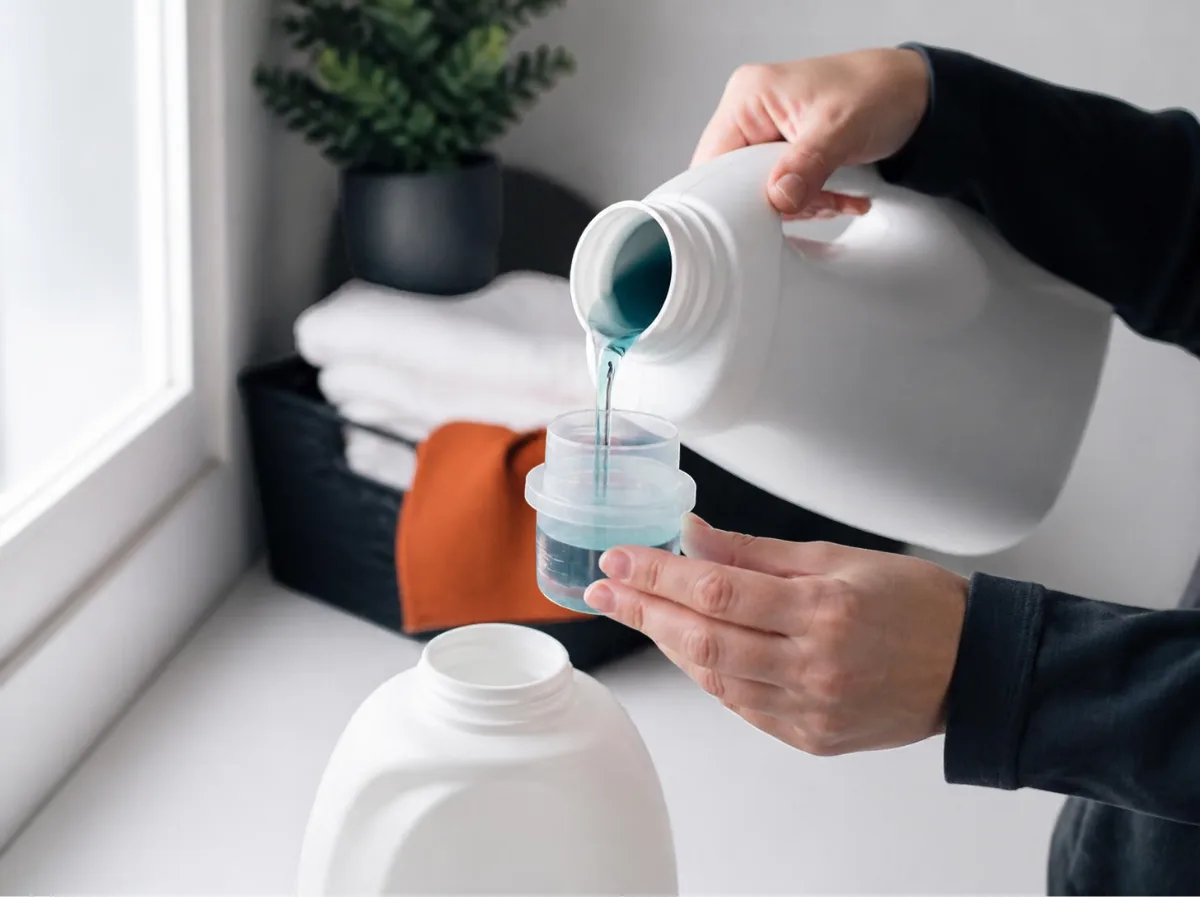 Hand pouring liquid detergent into a measuring cap above a white jug