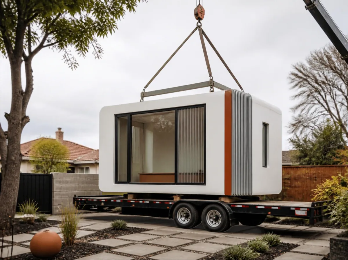 Compact unbranded prefab studio unit lifted by crane strap on a trailer in a backyard lot