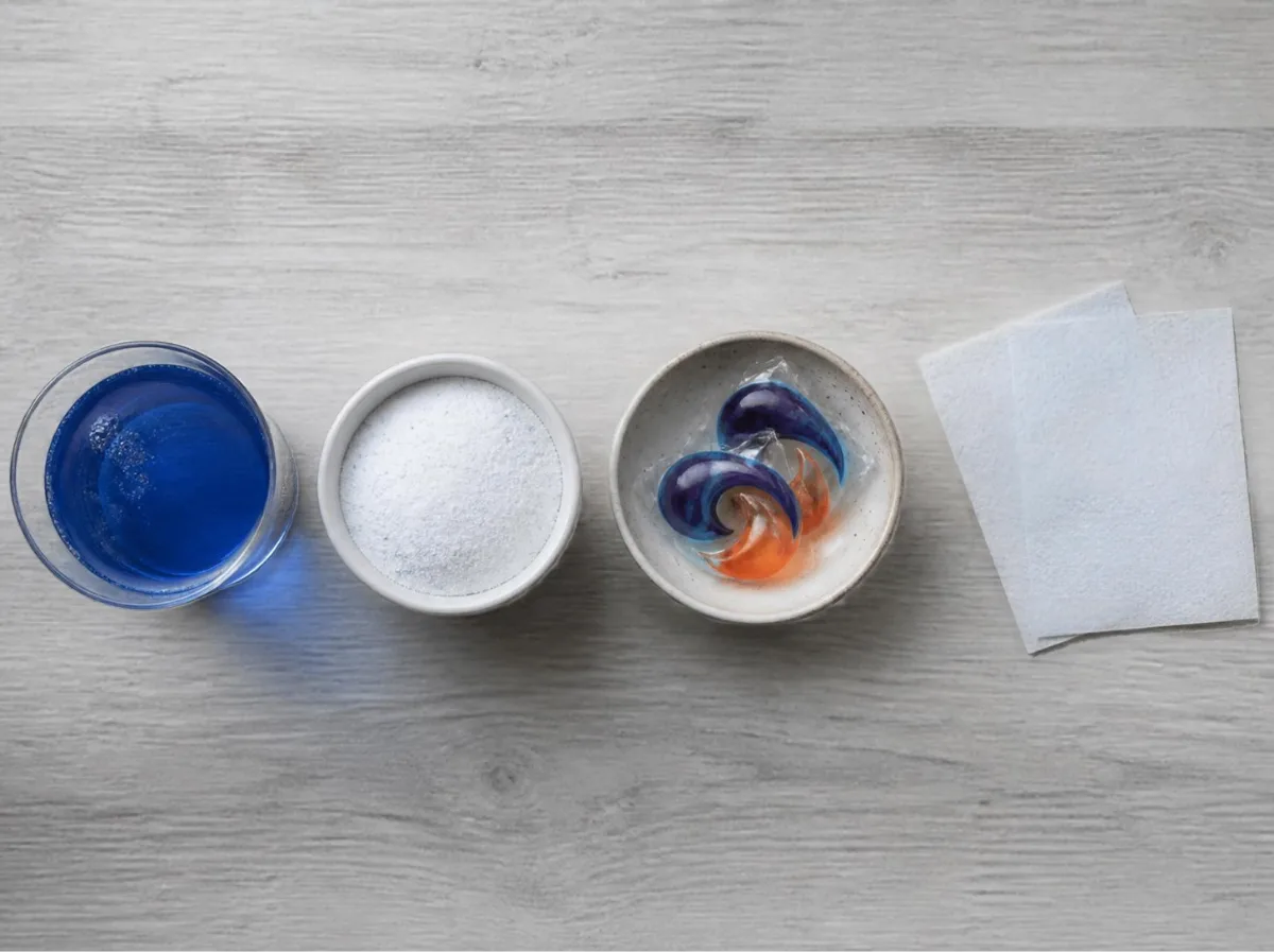 Liquid, powder, pods and detergent sheets laid out side by side for comparison