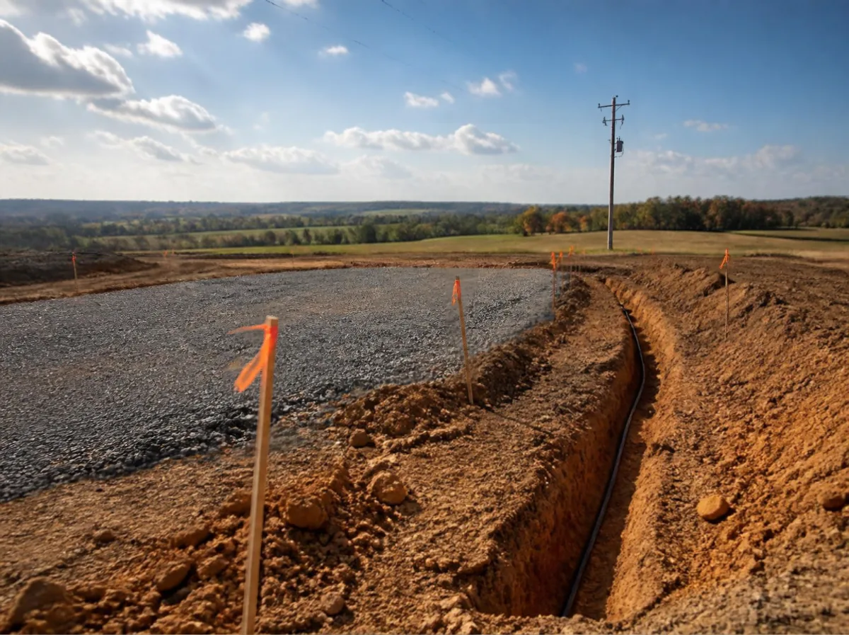 Empty rural lot with gravel pad, survey flags and utility trench for a small home site