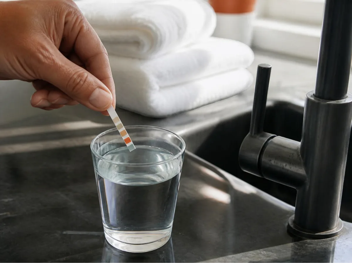 Hand dipping a water hardness test strip into a glass of tap water beside a faucet