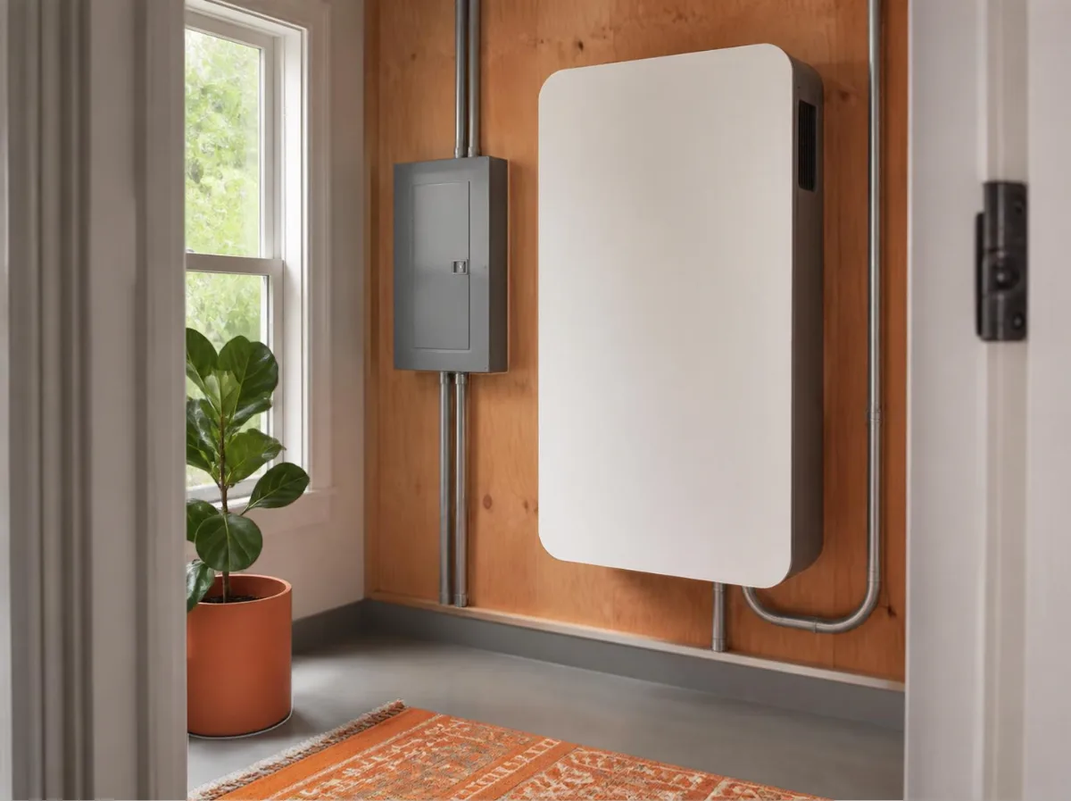 Wall-mounted home battery next to a small electrical panel in a tiny house utility closet
