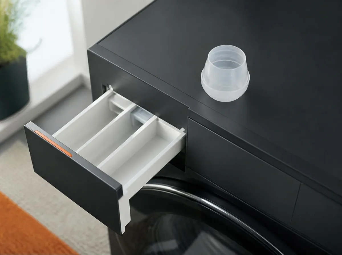 Open detergent drawer on a front-load washer with an empty measuring cap