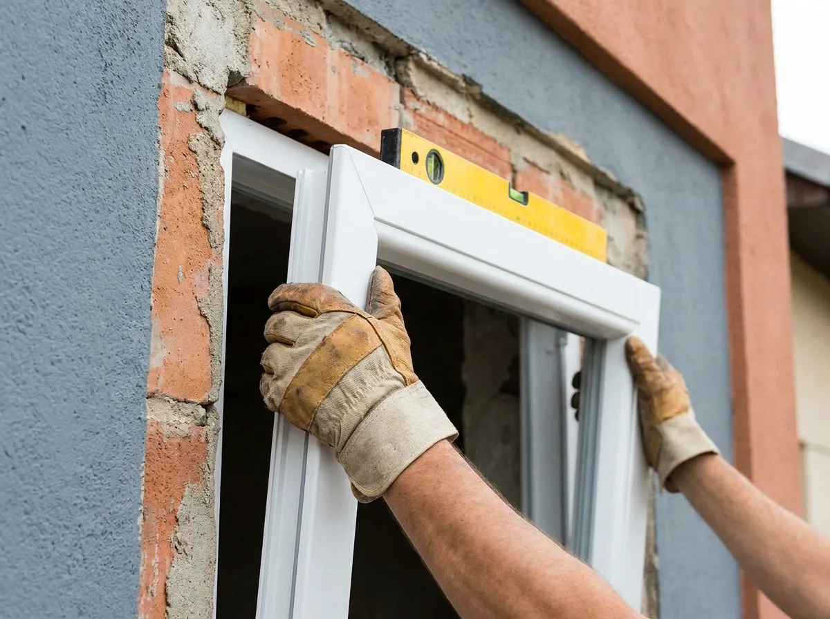 Installer fitting a new vinyl replacement window into a wall opening with a level