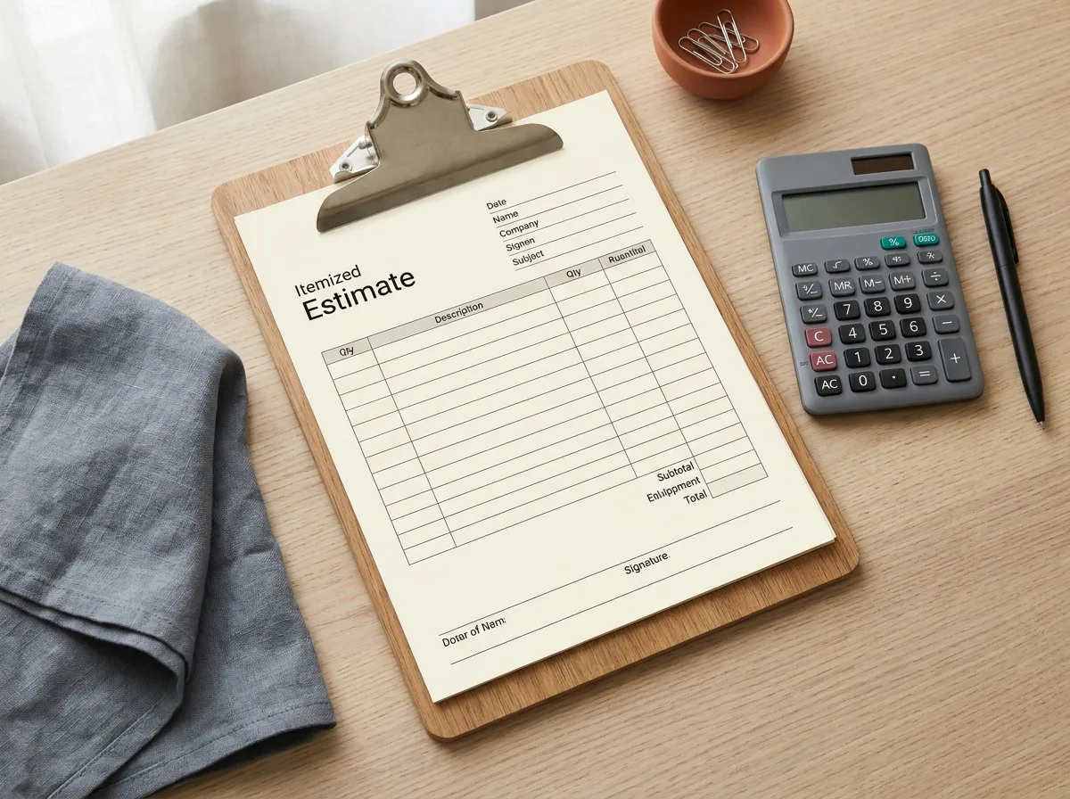 Itemized water heater replacement quote on a clipboard beside a calculator and pen