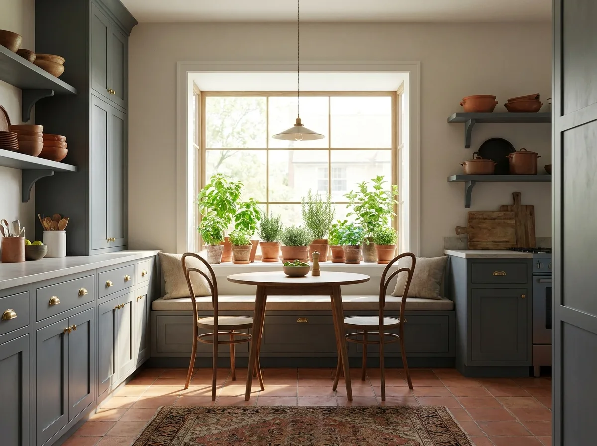 Kitchen box bay window with a small breakfast table and a deep sill for herbs