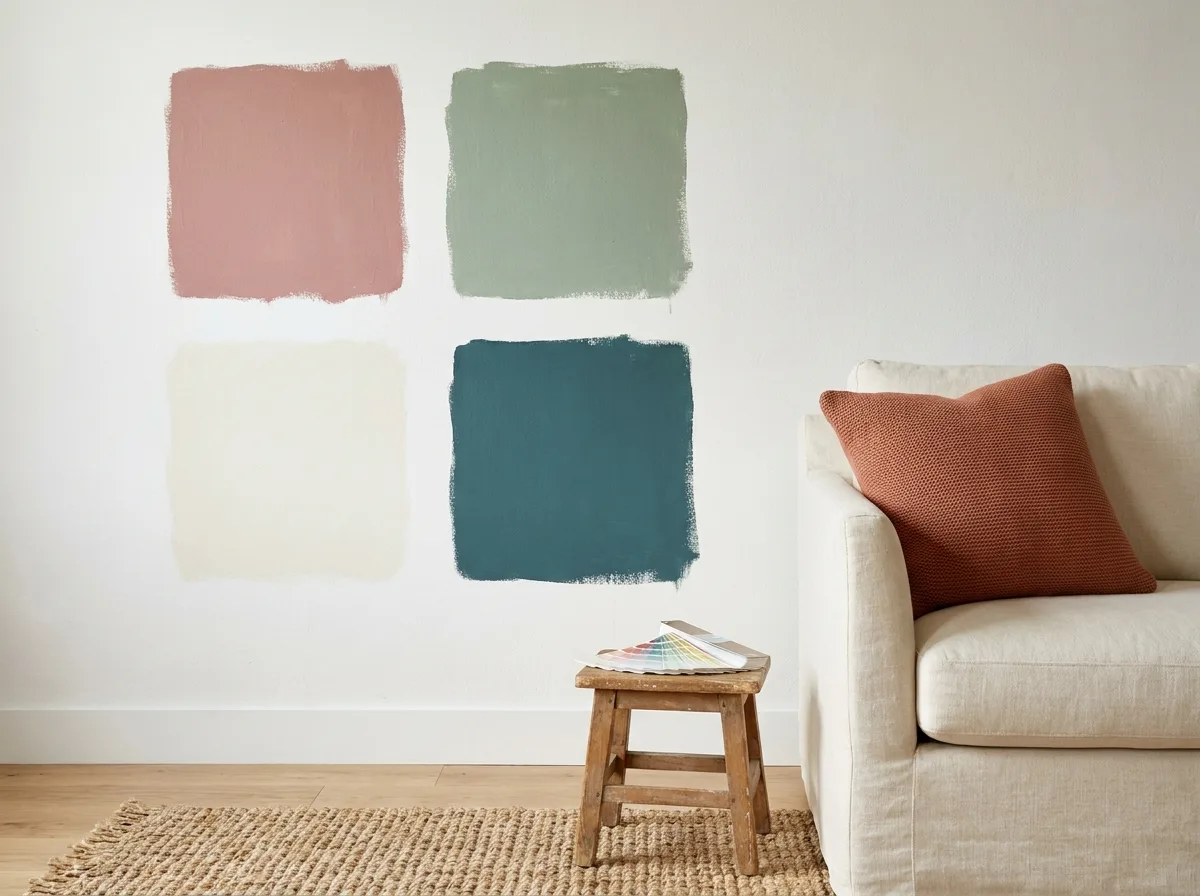 Large paint swatch squares tested on a wall next to a rug and pillow
