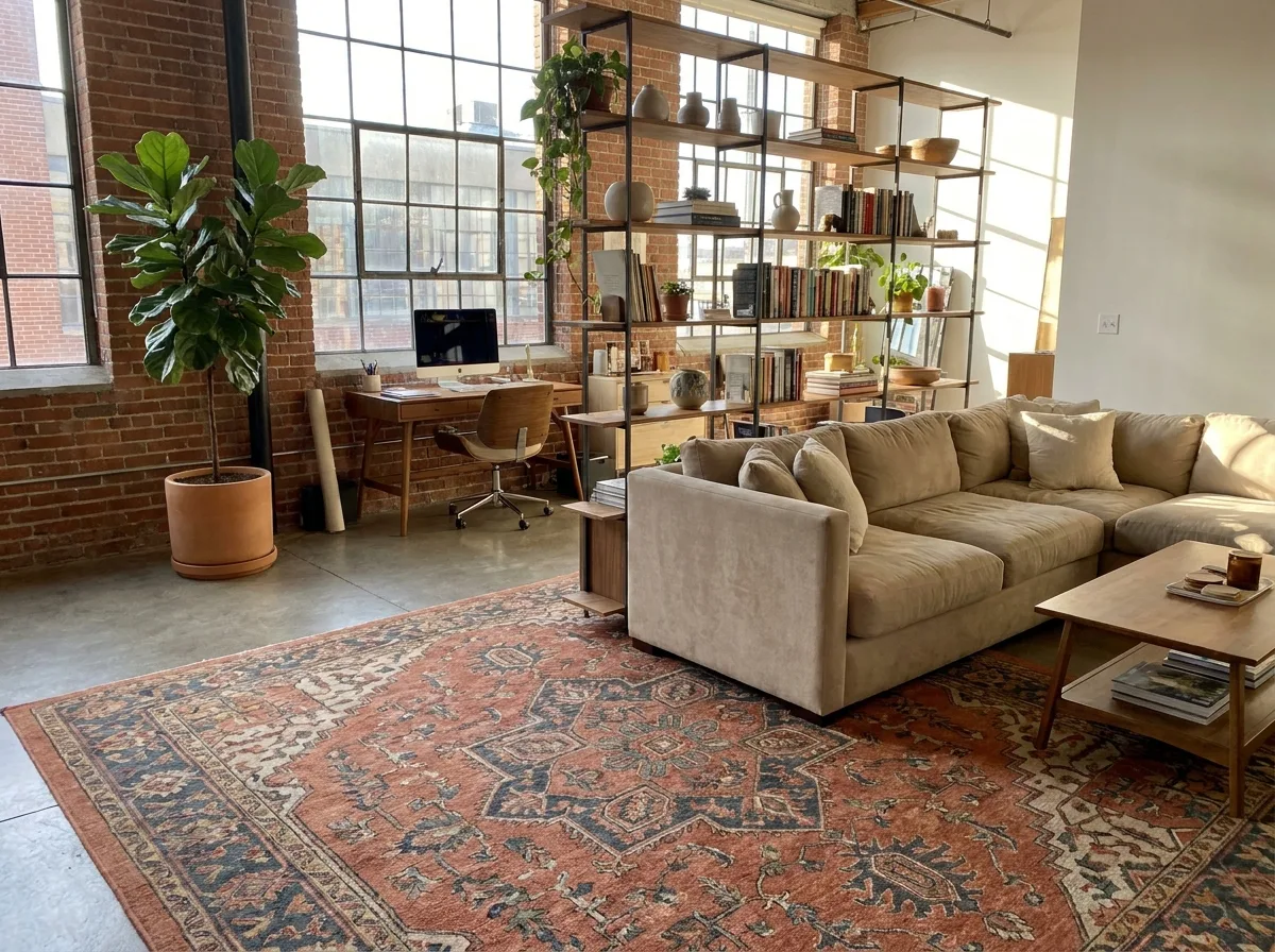 Large rug and open bookshelf dividing a loft into living and work zones