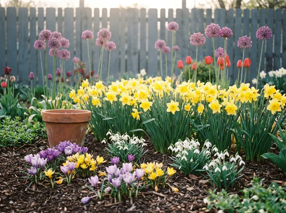 Layered bed of crocus, daffodils, allium and tulips showing how spring flowers bloom in sequence