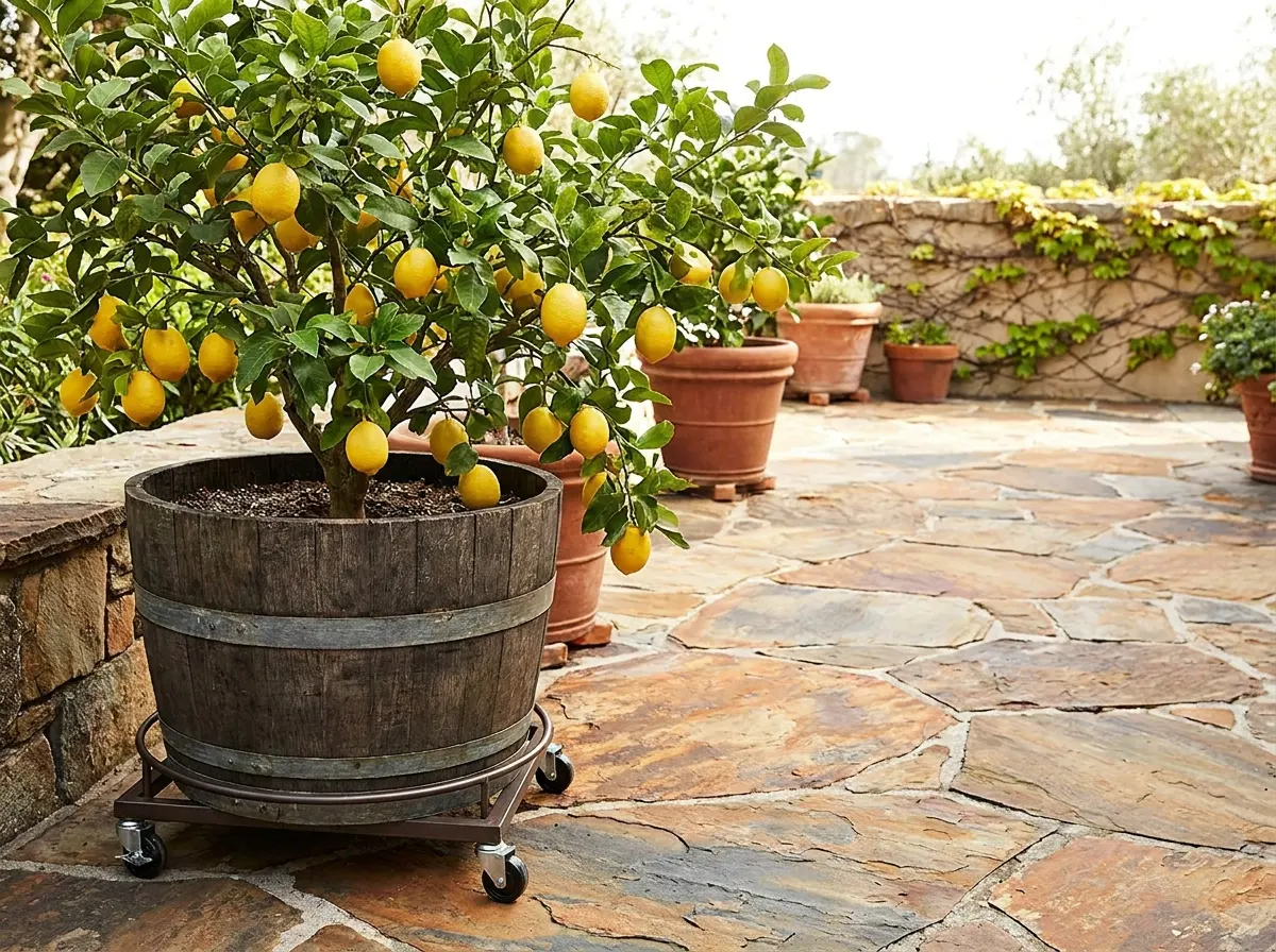 Lemon tree in a half wine barrel on a wheeled plant caddy beside a patio