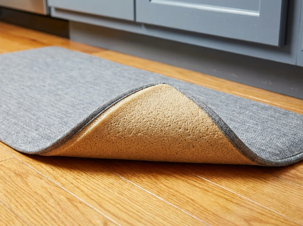 Lifted corner of a kitchen mat on a sealed hardwood floor showing the backing